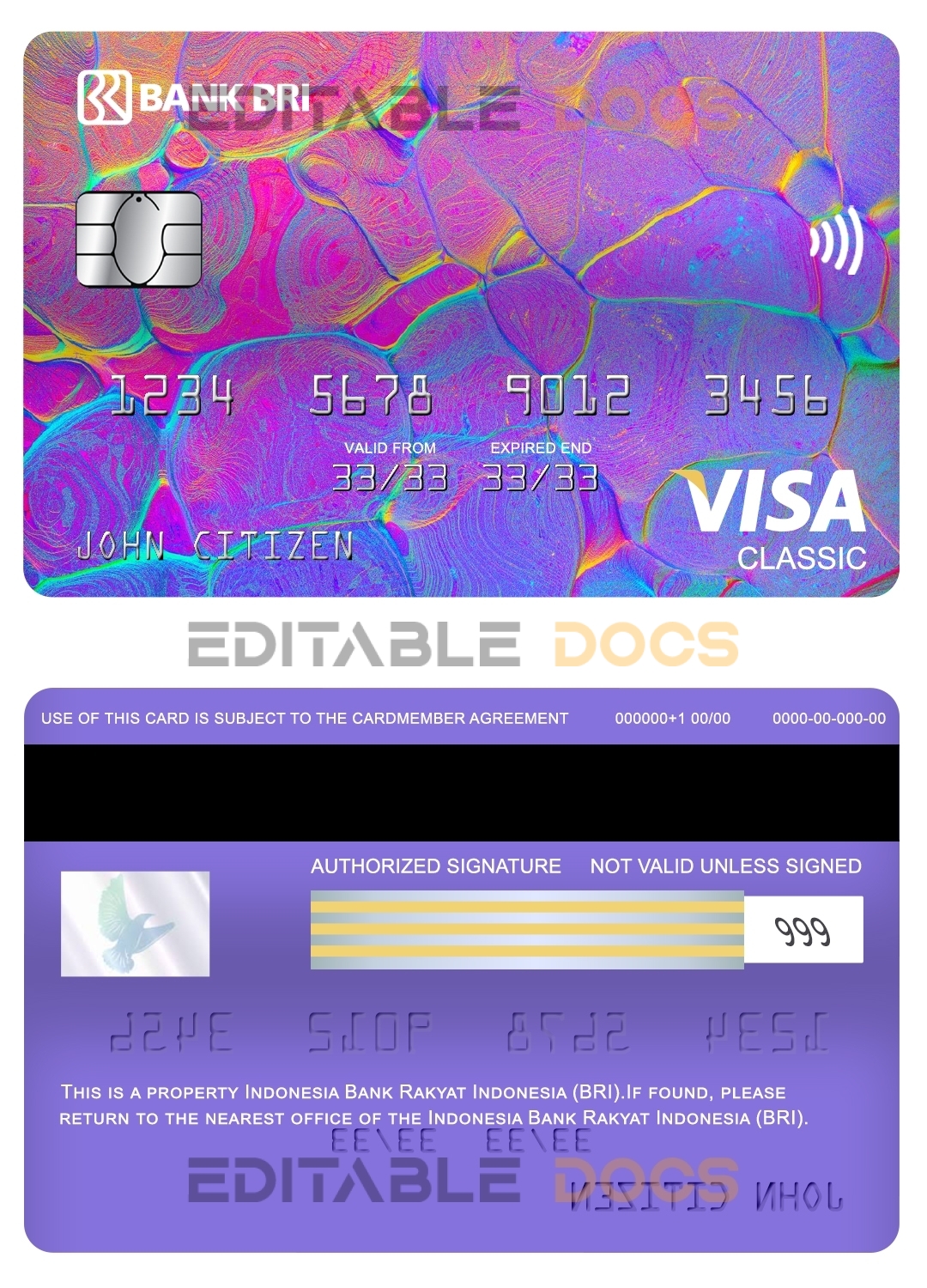 Editable Indonesia bank Rakyat Indonesia (BRI) bank visa classic card Templates in PSD Format