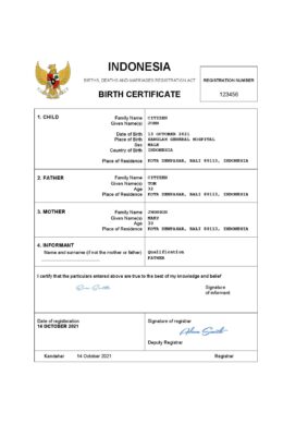 Indonesia birth certificate Word and PDF template, completely editable