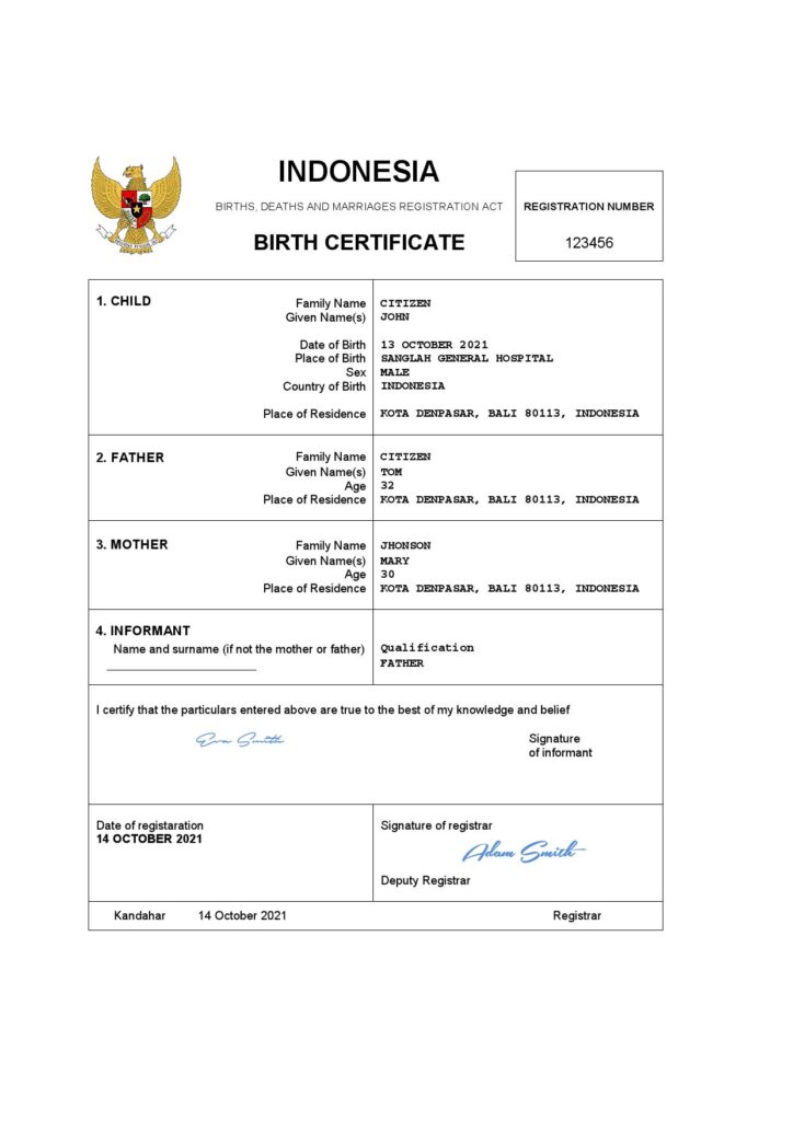 Indonesia birth certificate Word and PDF template, completely editable