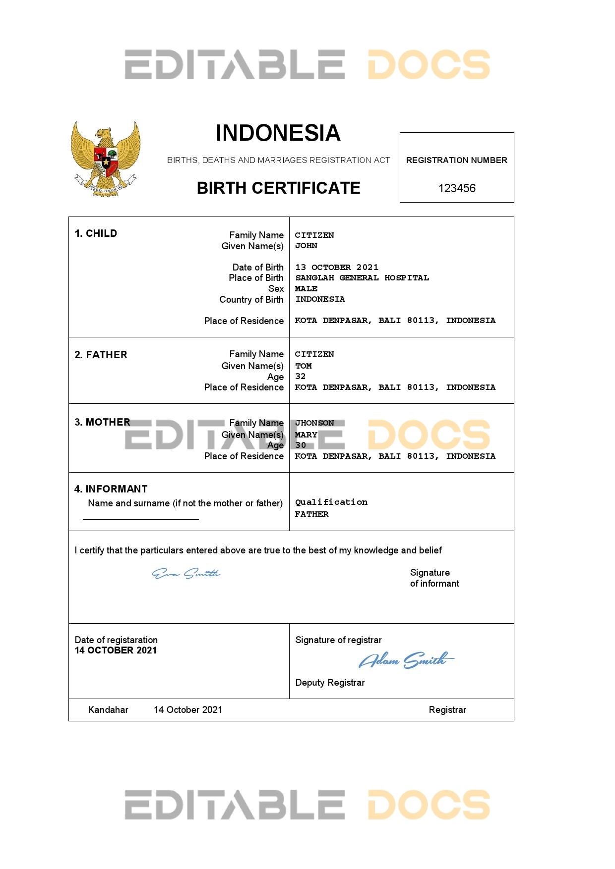 Authentic Indonesia Birth Certificate Template | Customize and Download Online