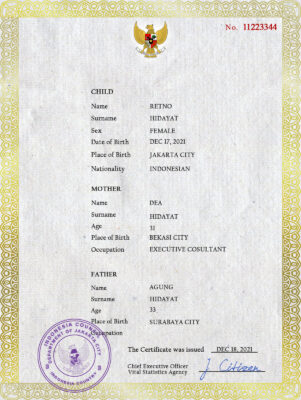 Authentic Indonesia Birth Certificate Template | Customize and Download Online