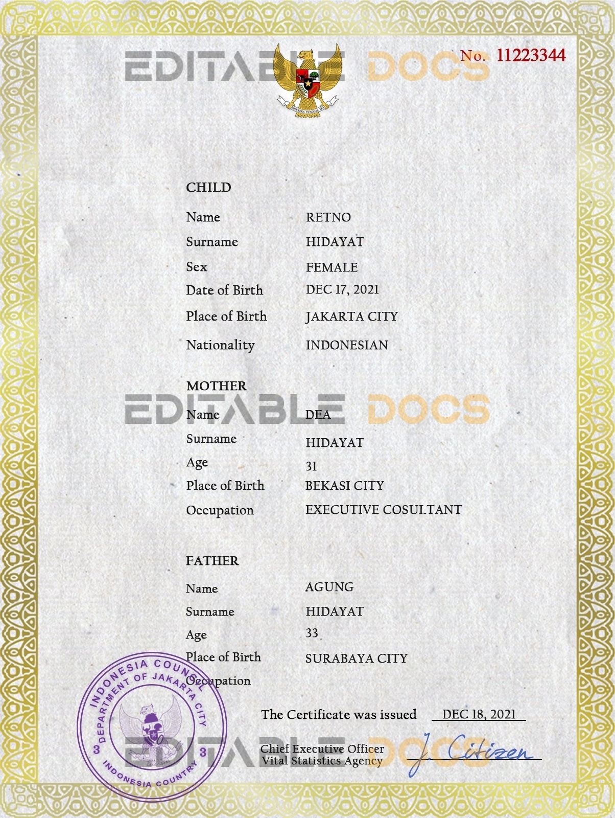 Authentic Indonesia Birth Certificate Template | Customize and Download Online