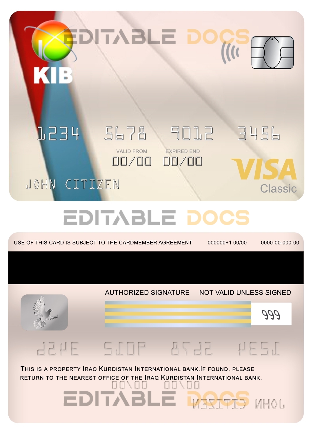Editable Iraq Kurdistan International bank visa classic card Templates in PSD Format