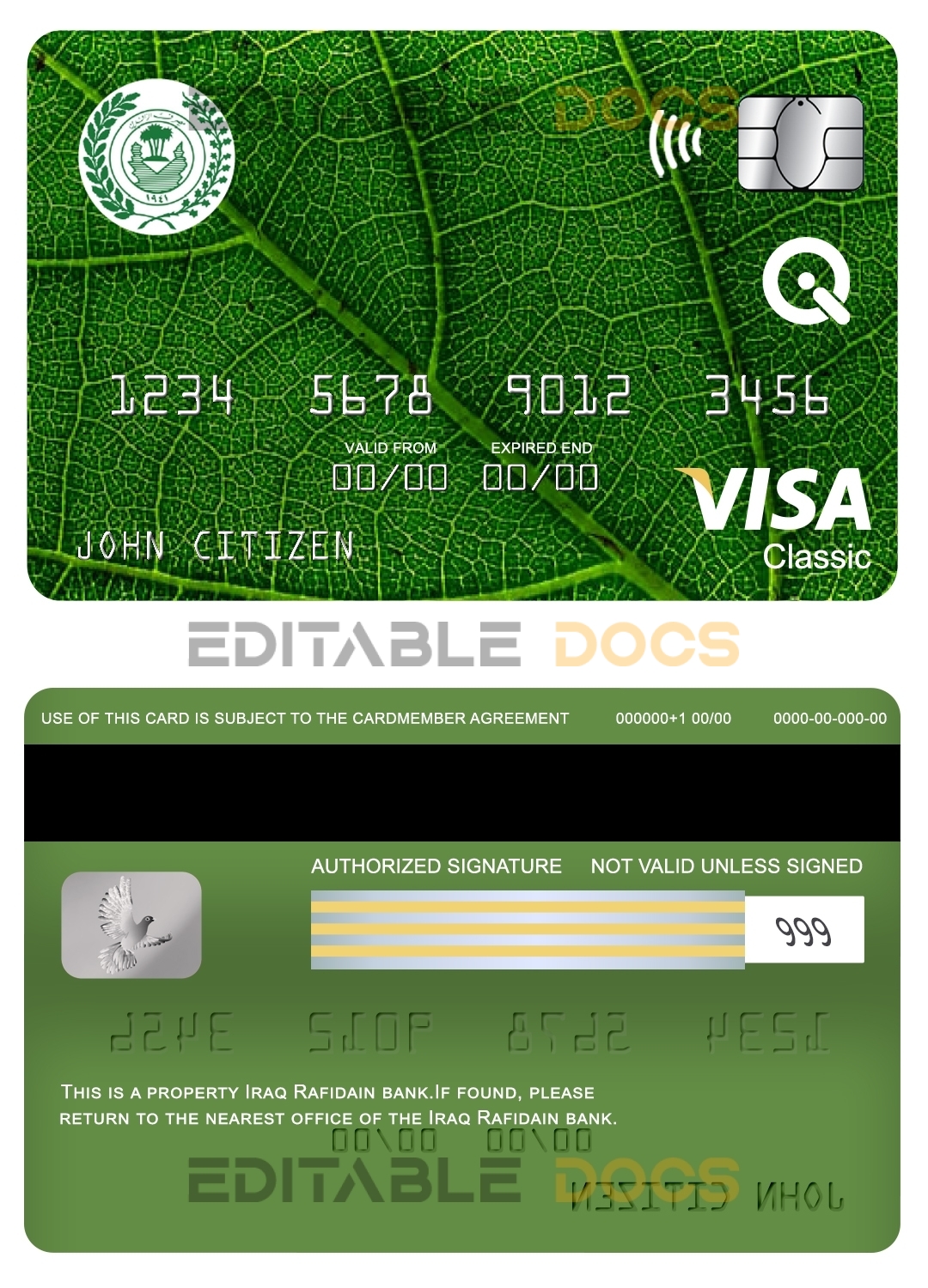 Editable Iraq Rafidain bank visa classic card Templates in PSD Format