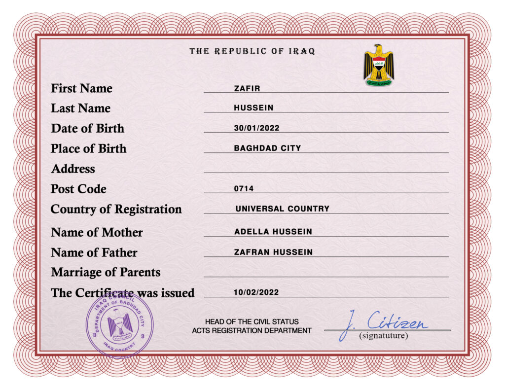 Authentic Iraq Birth Certificate Template | Customize and Download Online