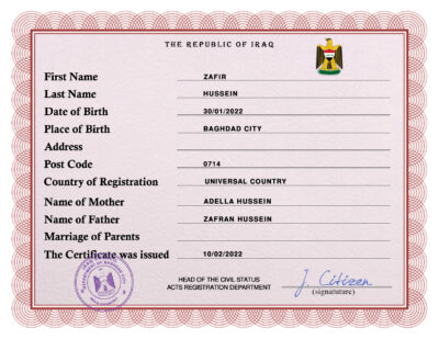Authentic Iraq Birth Certificate Template | Customize and Download Online
