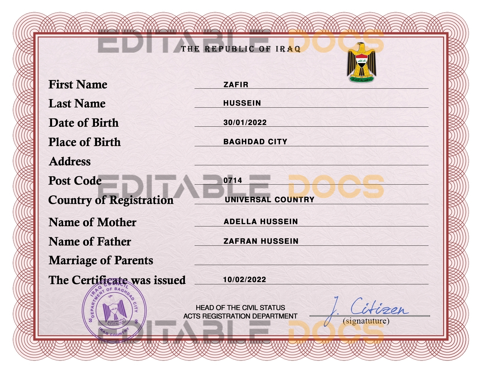 Authentic Iraq Birth Certificate Template | Customize and Download Online
