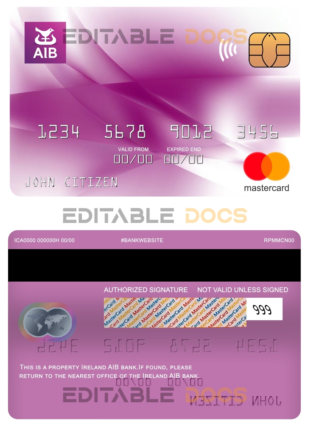 Editable Ireland AIB bank mastercard Templates in PSD Format