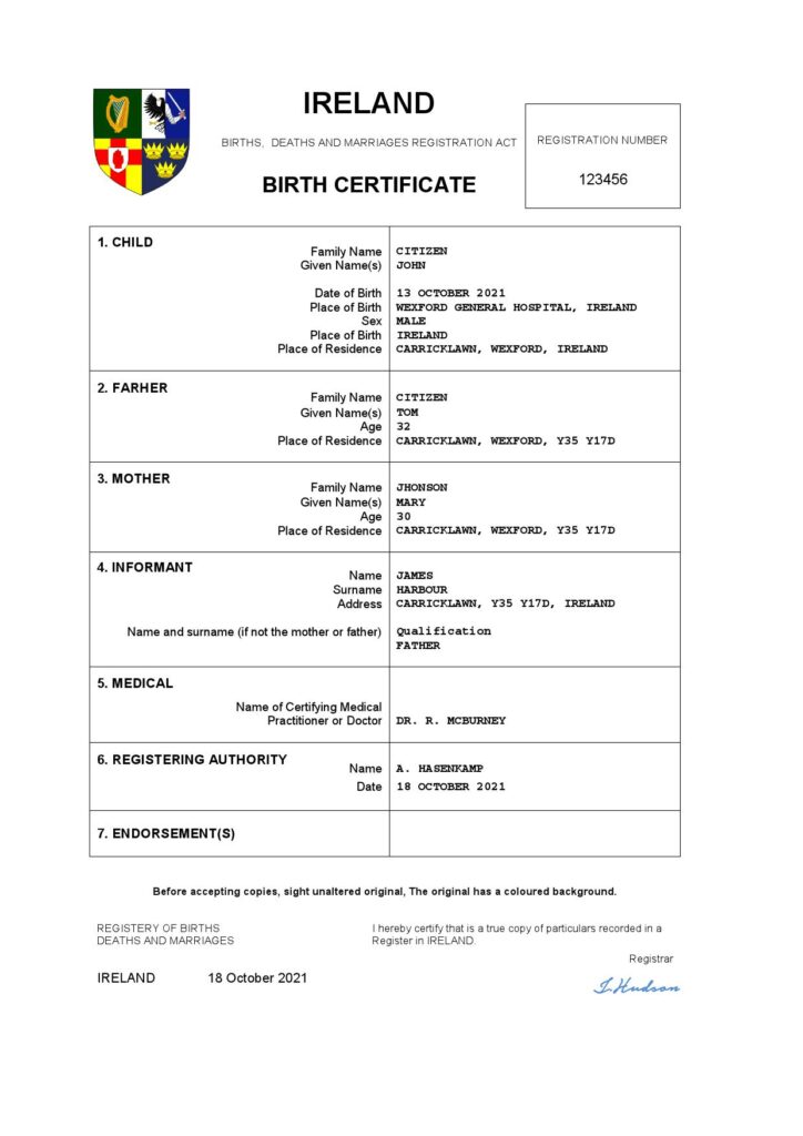 Ireland birth certificate Word and PDF template, completely editable