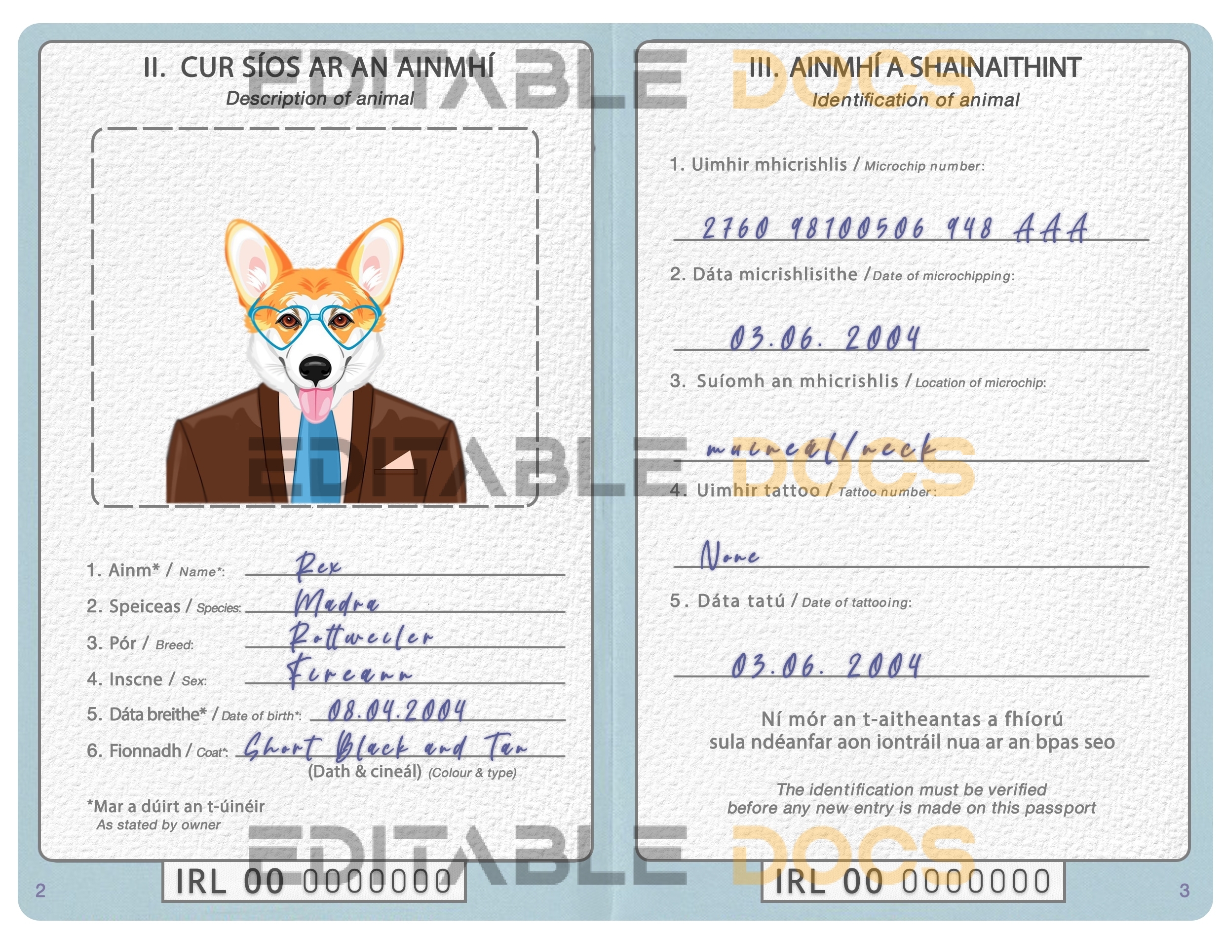 Ireland dog Fake PSD Passport | Instant Download