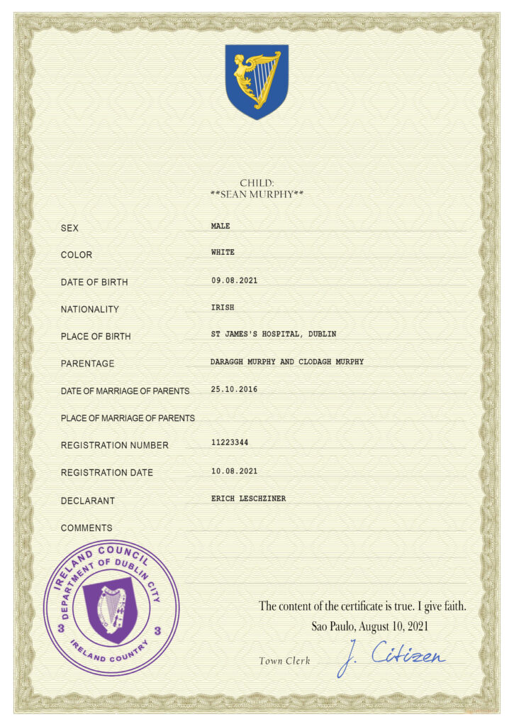 Authentic Ireland Birth Certificate Template | Customize and Download Online