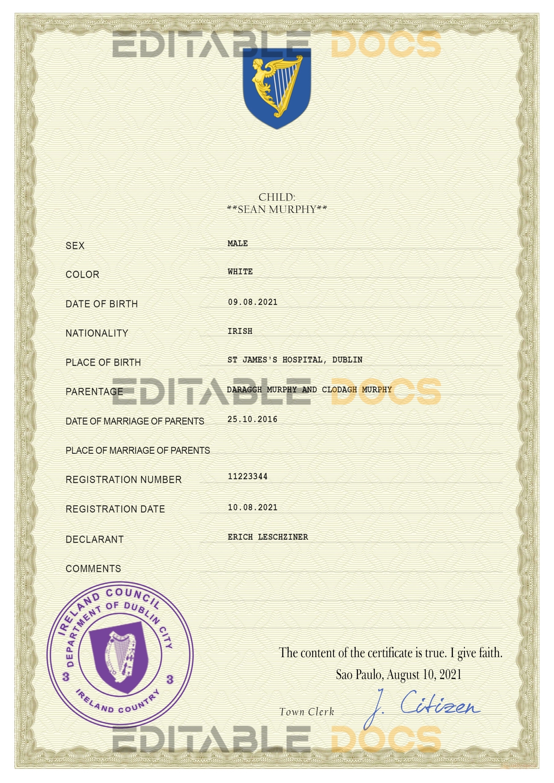 Authentic Ireland Birth Certificate Template | Customize and Download Online