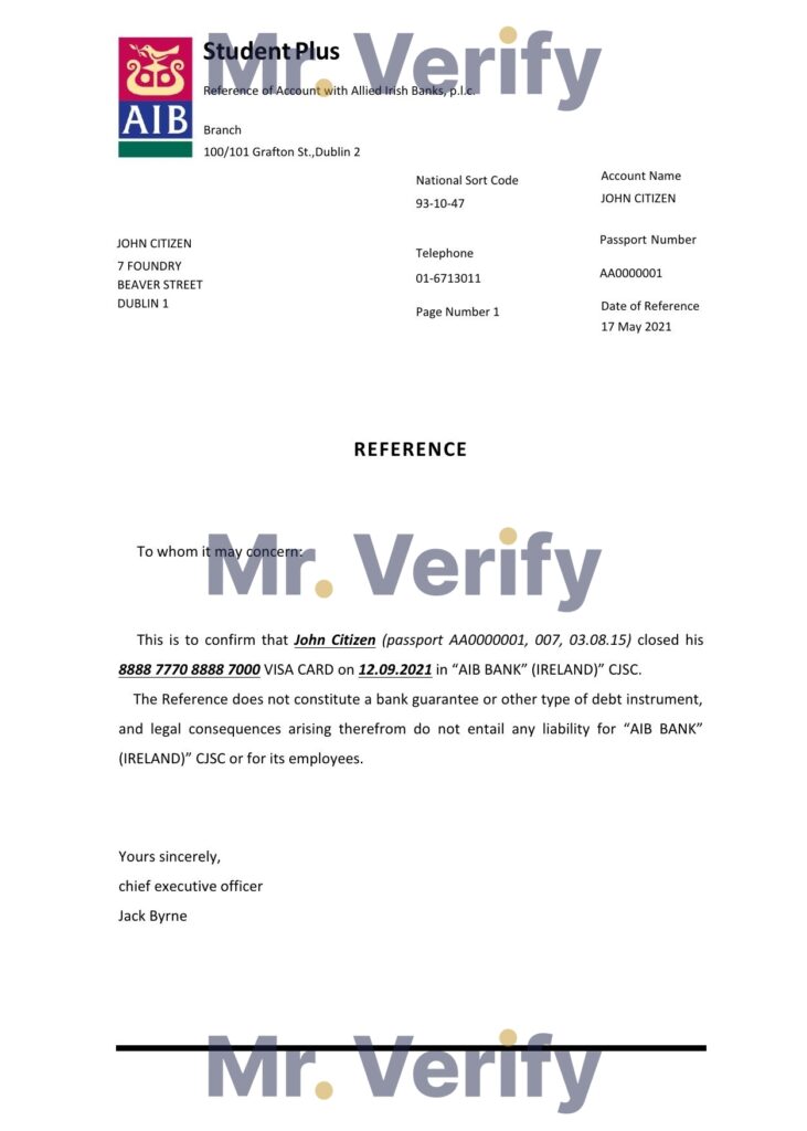 Download Ireland AIB Bank Reference Letter Templates | Editable Word
