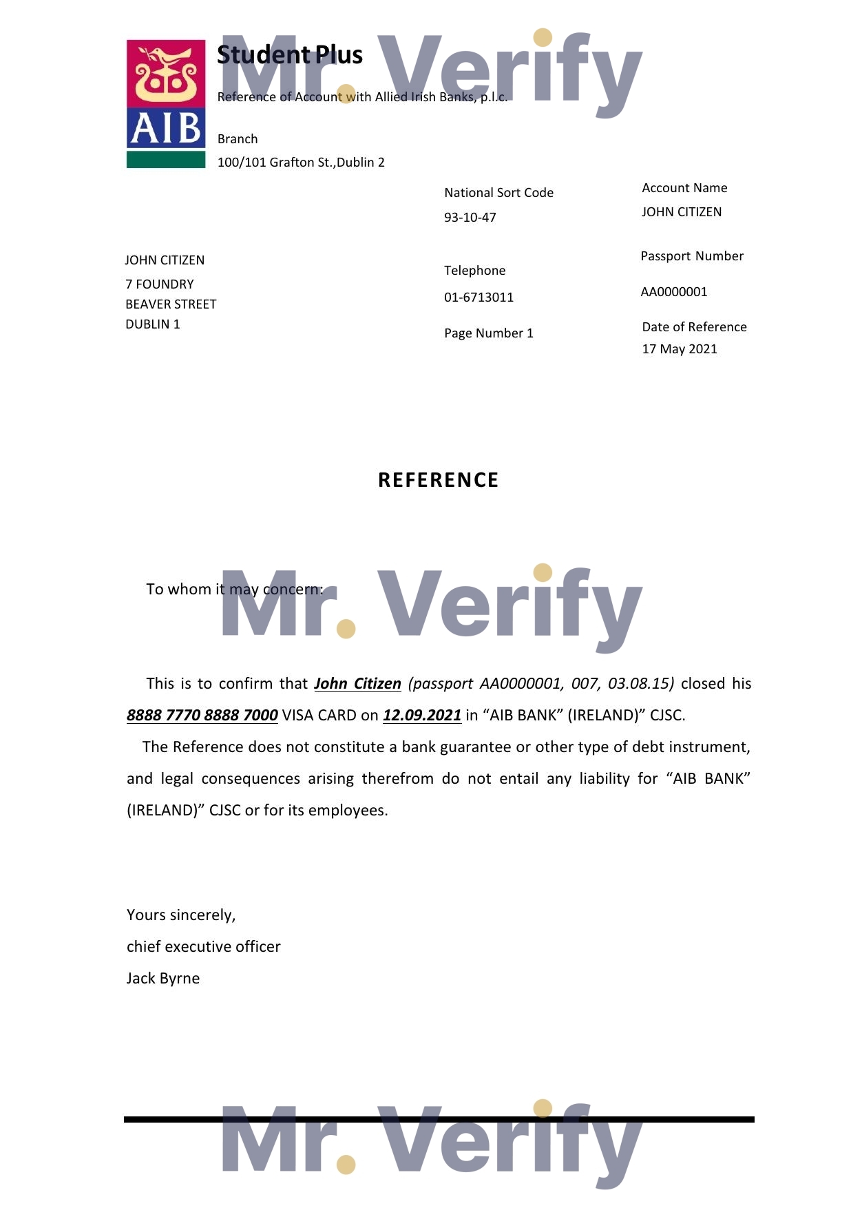 Download Ireland AIB Bank Reference Letter Templates | Editable Word
