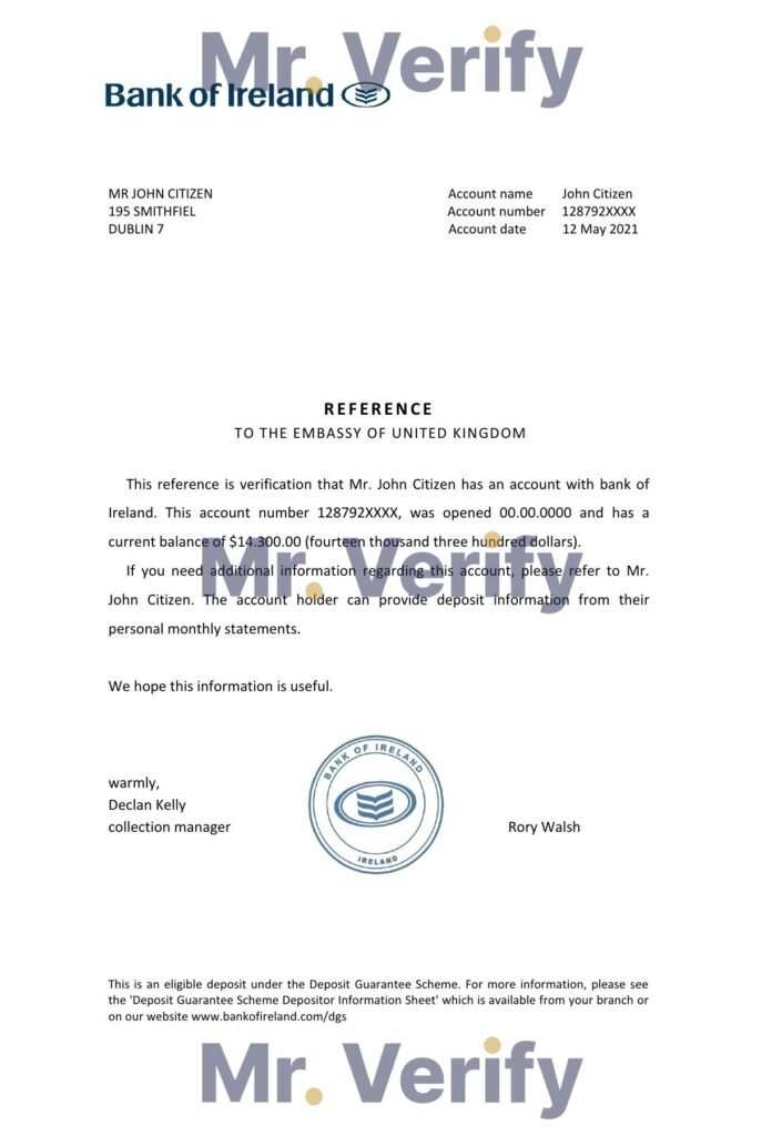 Download Ireland Bank of Ireland account balance Bank Reference Letter Templates | Editable Word