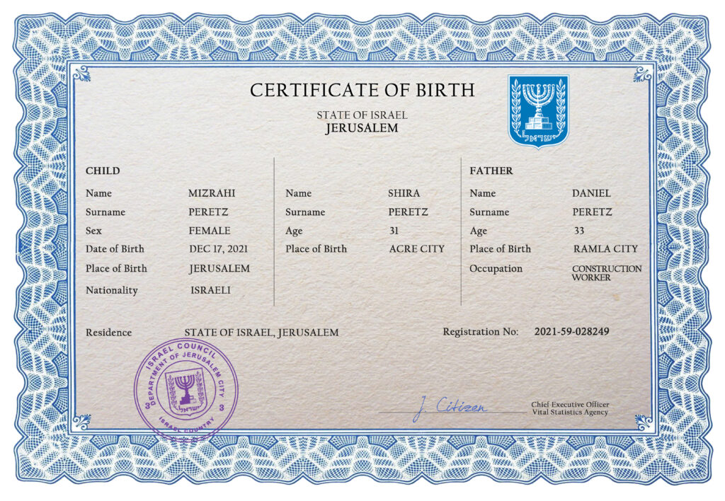 Israel vital record birth certificate PSD template, completely editable