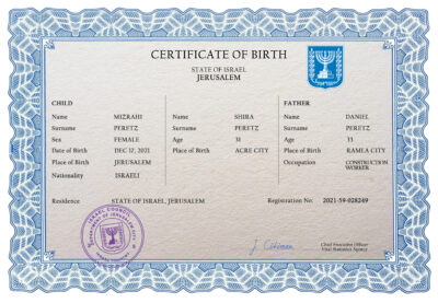 Israel vital record birth certificate PSD template, completely editable