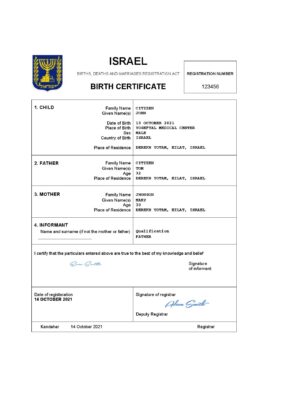 Israel vital record birth certificate Word and PDF template, completely editable