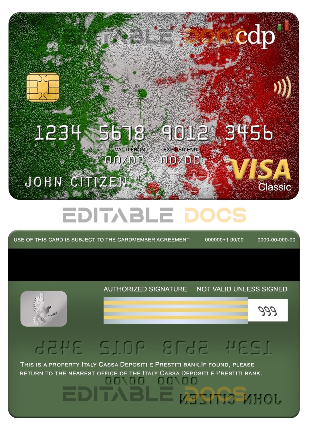 Editable Italy Cassa Depositi e Prestiti bank visa classic card Templates in PSD Format