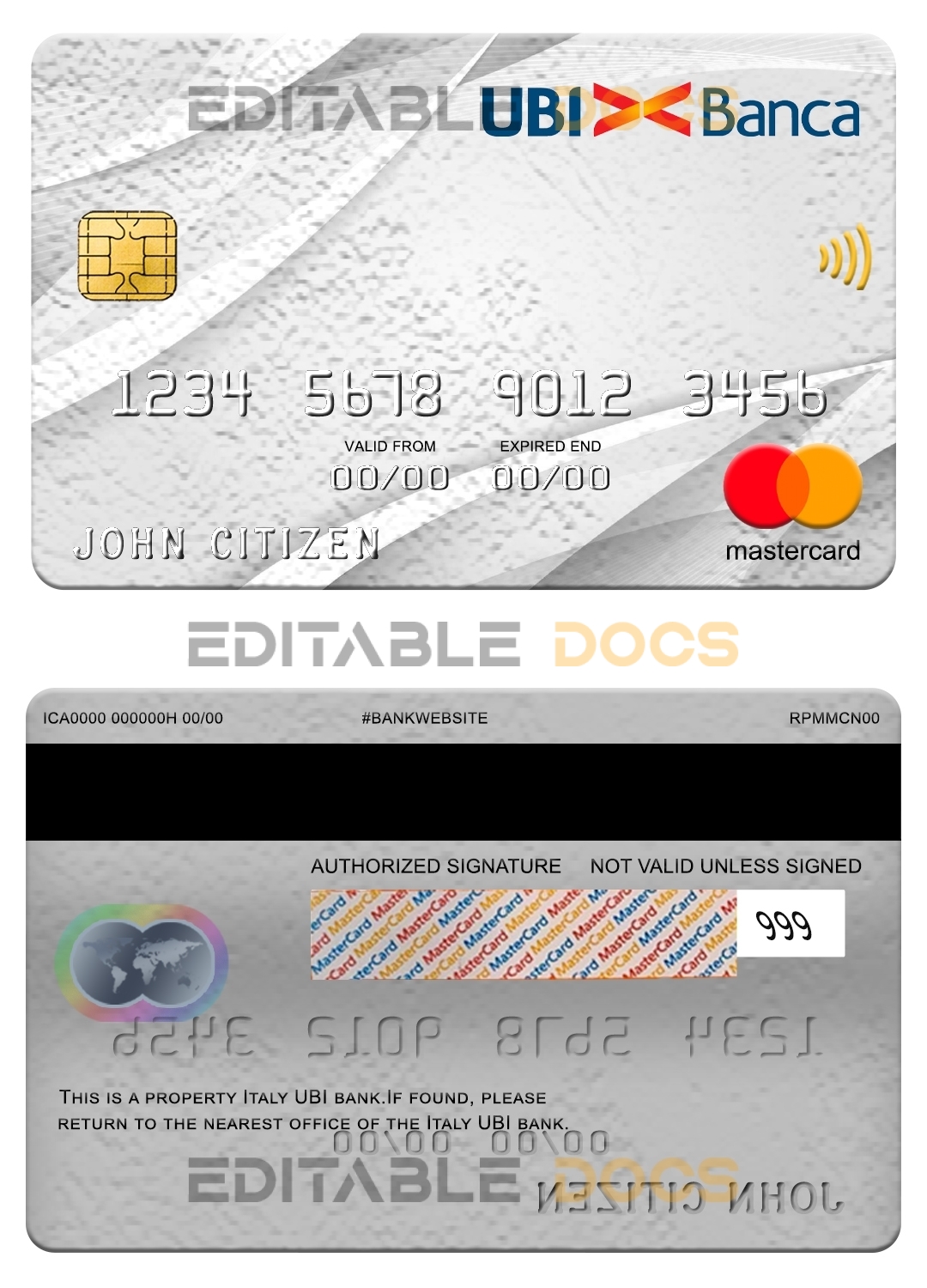 Fillable Italy UBI bank mastercard Templates | Layer-Based PSD
