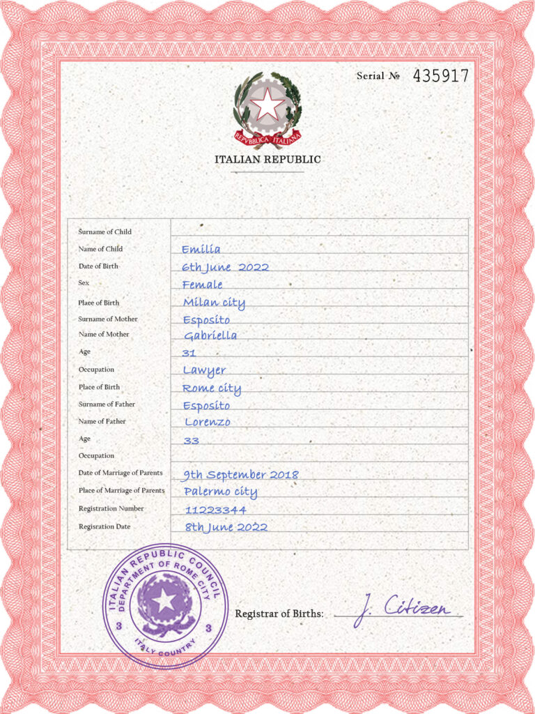Authentic Italy Birth Certificate Template | Customize and Download Online