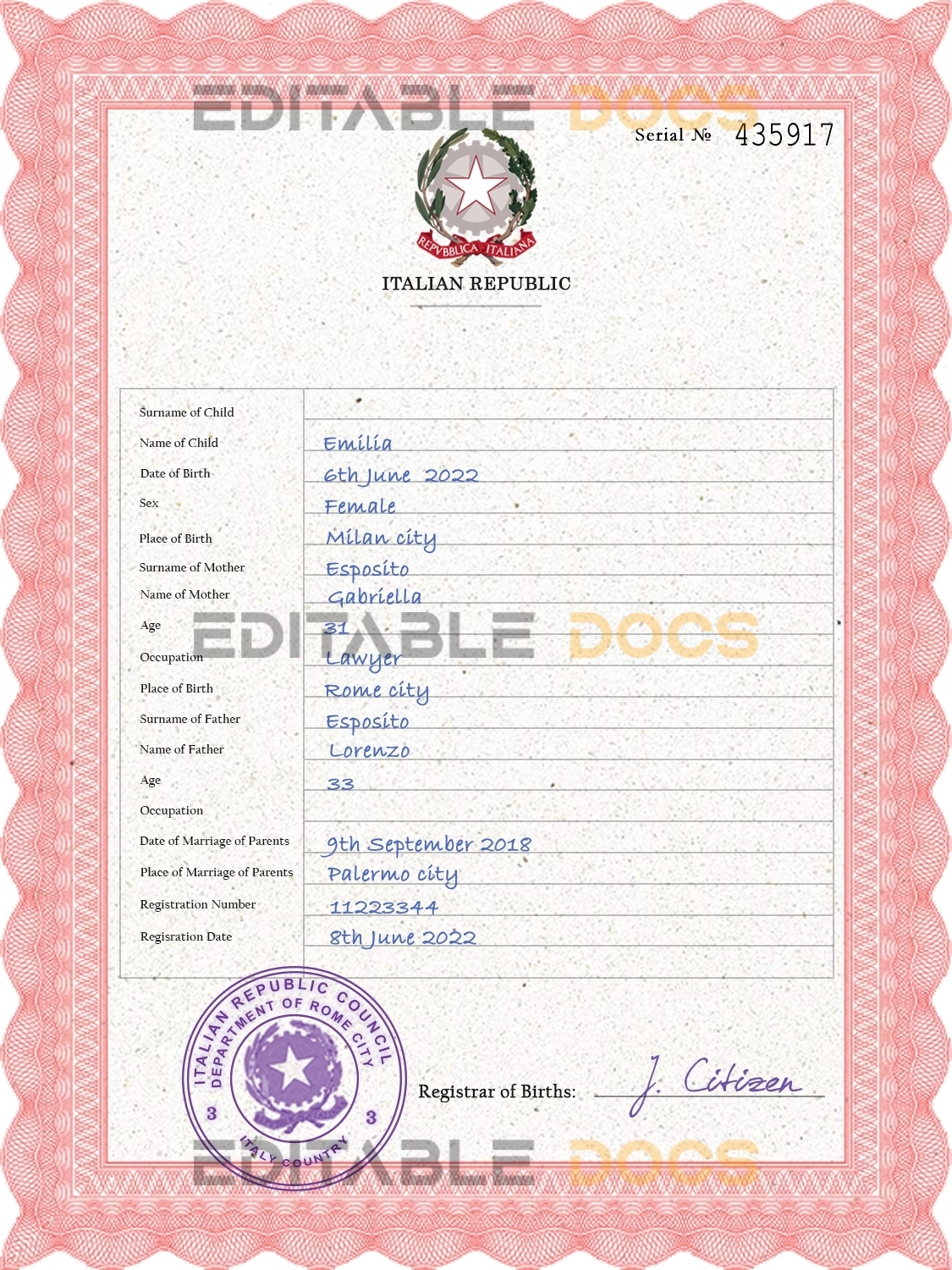 Authentic Italy Birth Certificate Template | Customize and Download Online