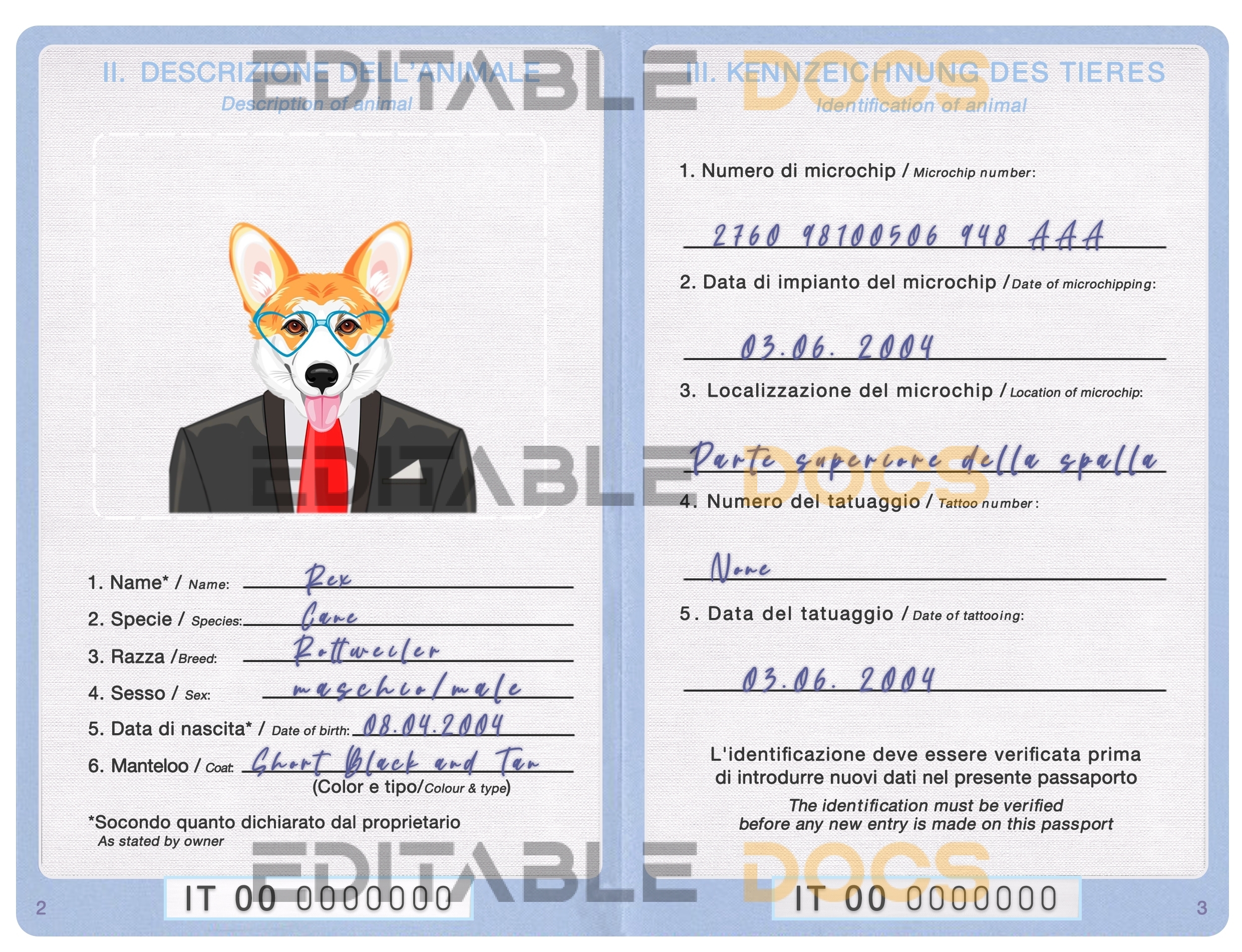 Italy dog Fake PSD Passport | Instant Download
