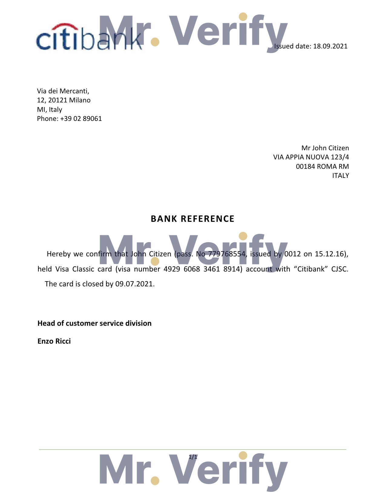 Download Italy Citibank Bank Reference Letter Templates | Editable Word