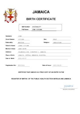 Jamaica vital record birth certificate Word and PDF template, completely editable