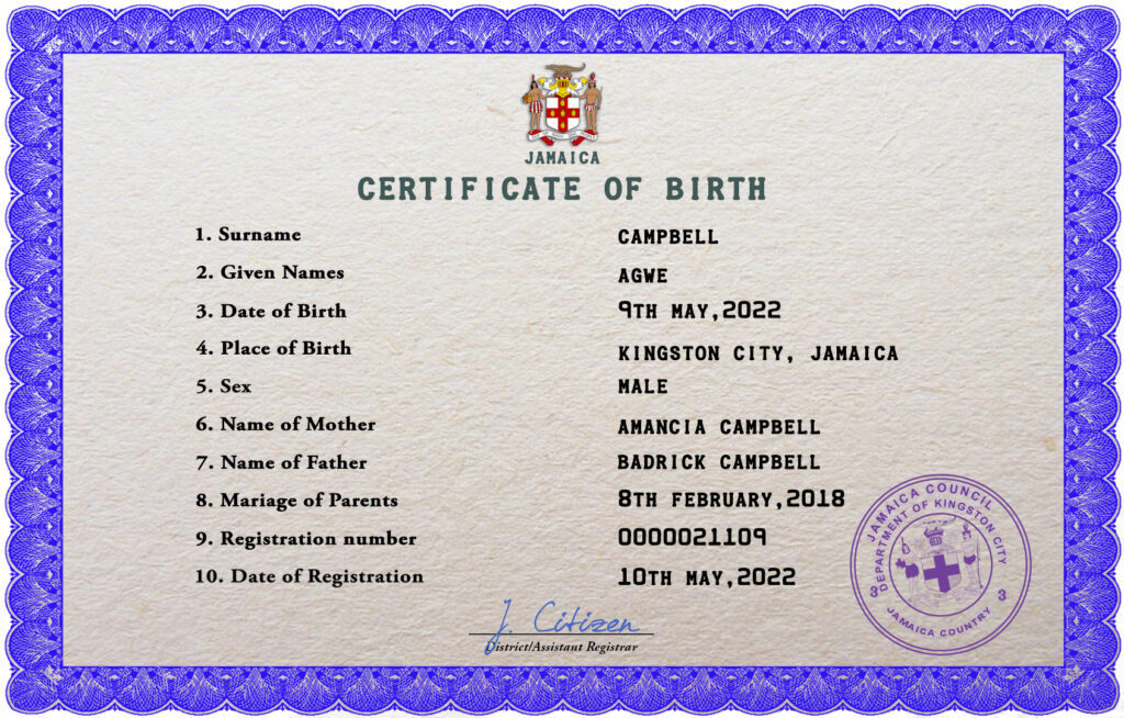 Authentic Jamaica Birth Certificate Template | Customize and Download Online