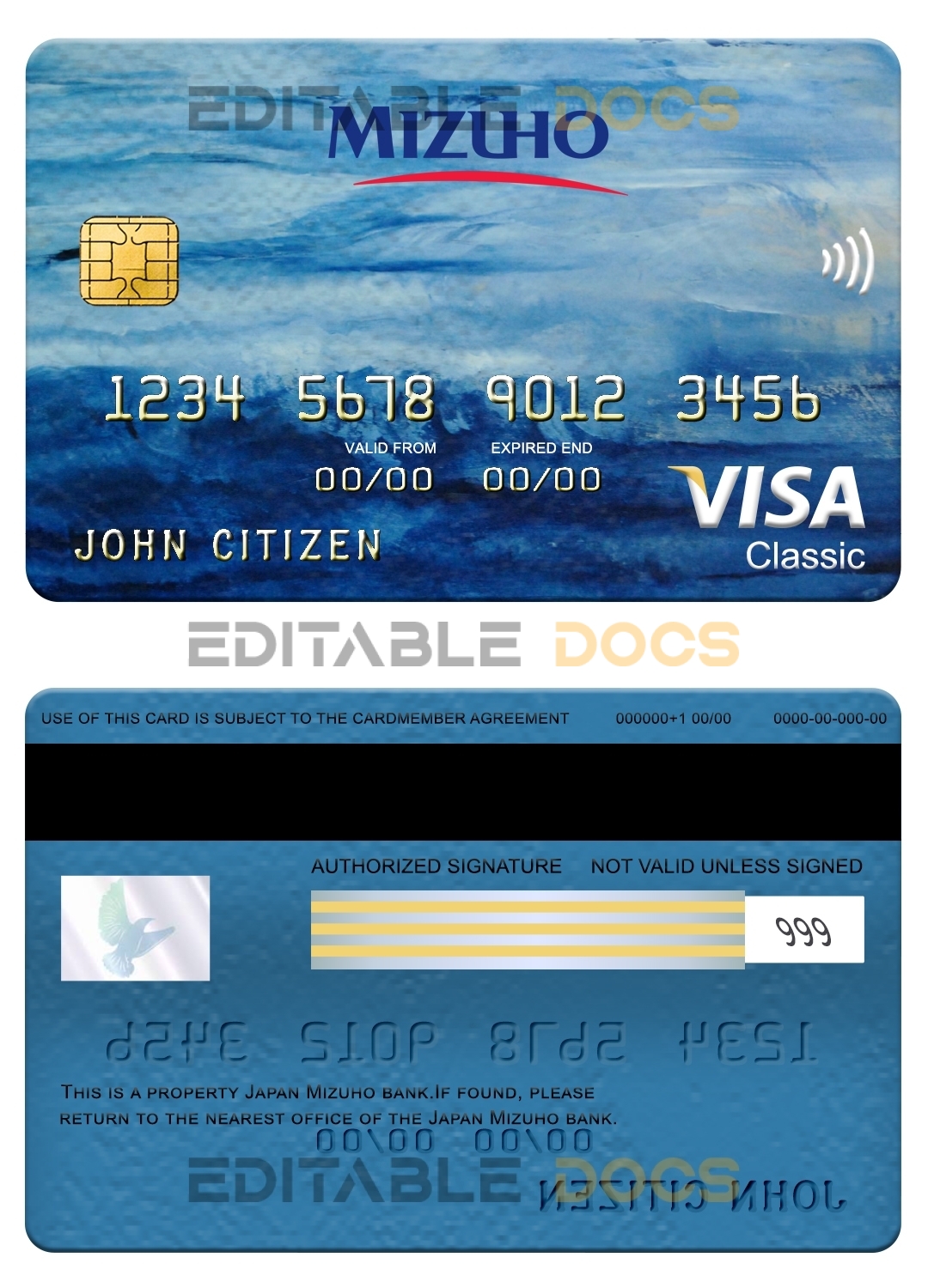 Editable Japan Mizuho bank visa classic card Templates in PSD Format