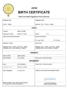 Japan birth certificate Word and PDF template, completely editable