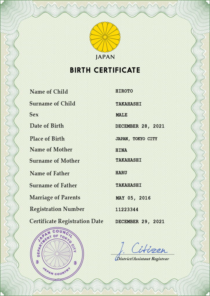 Authentic Japan Birth Certificate Template | Customize and Download Online