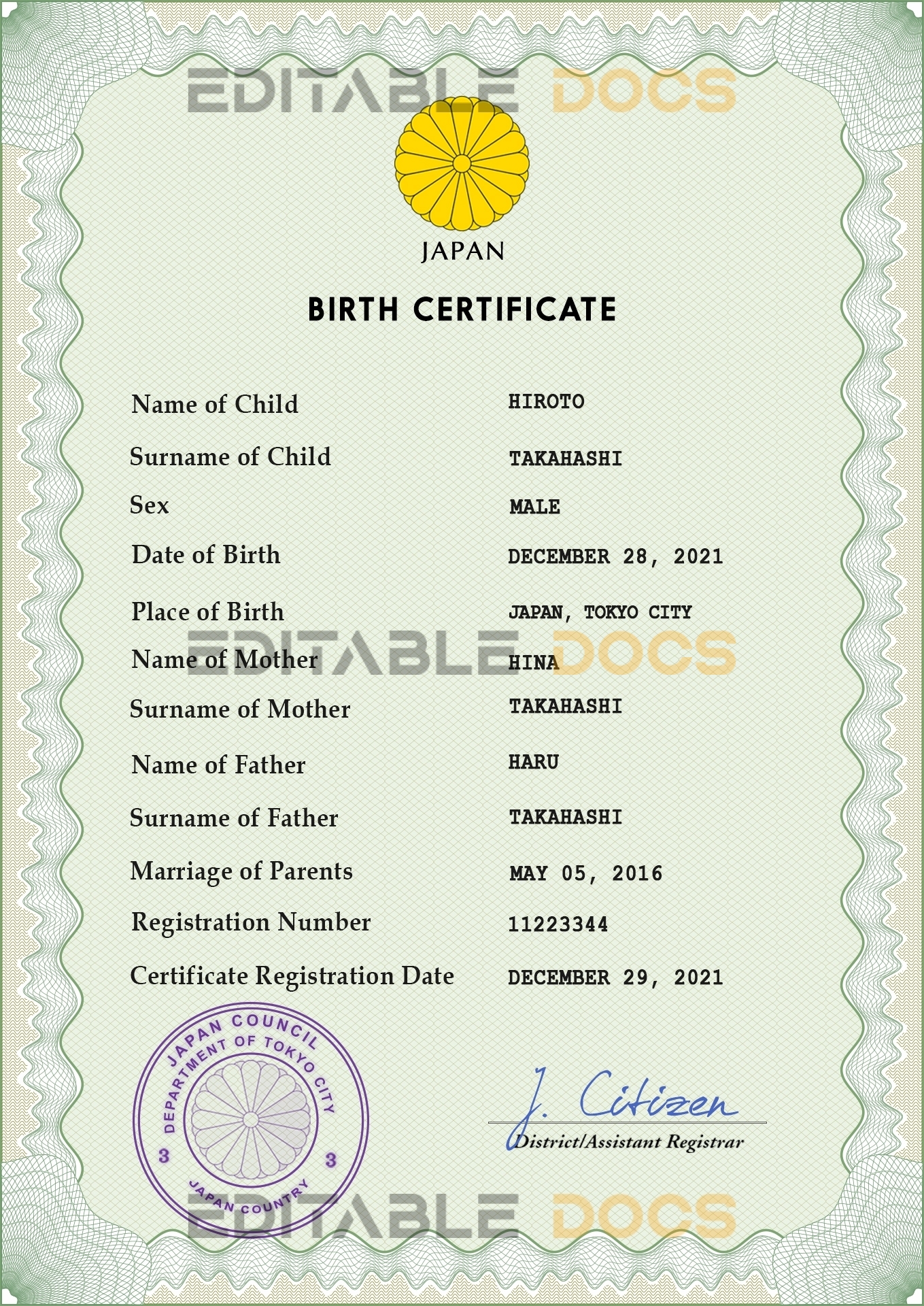 Authentic Japan Birth Certificate Template | Customize and Download Online