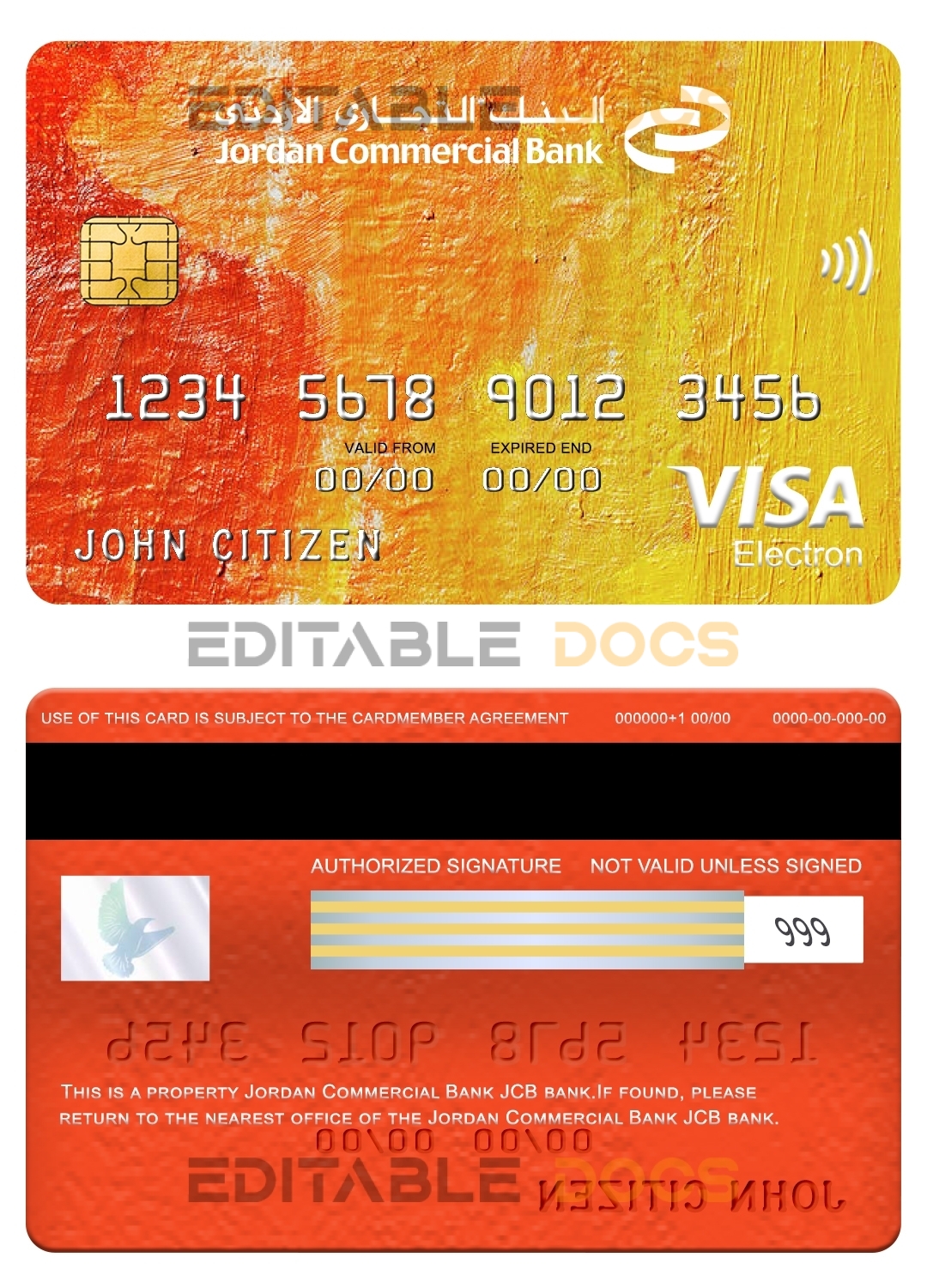 Editable Jordan Commercial Bank JCB bank visa electron card Templates in PSD Format