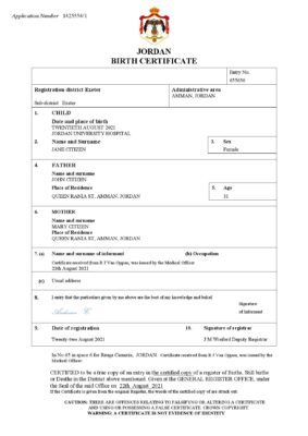 Jordan birth certificate Word and PDF template, completely editable