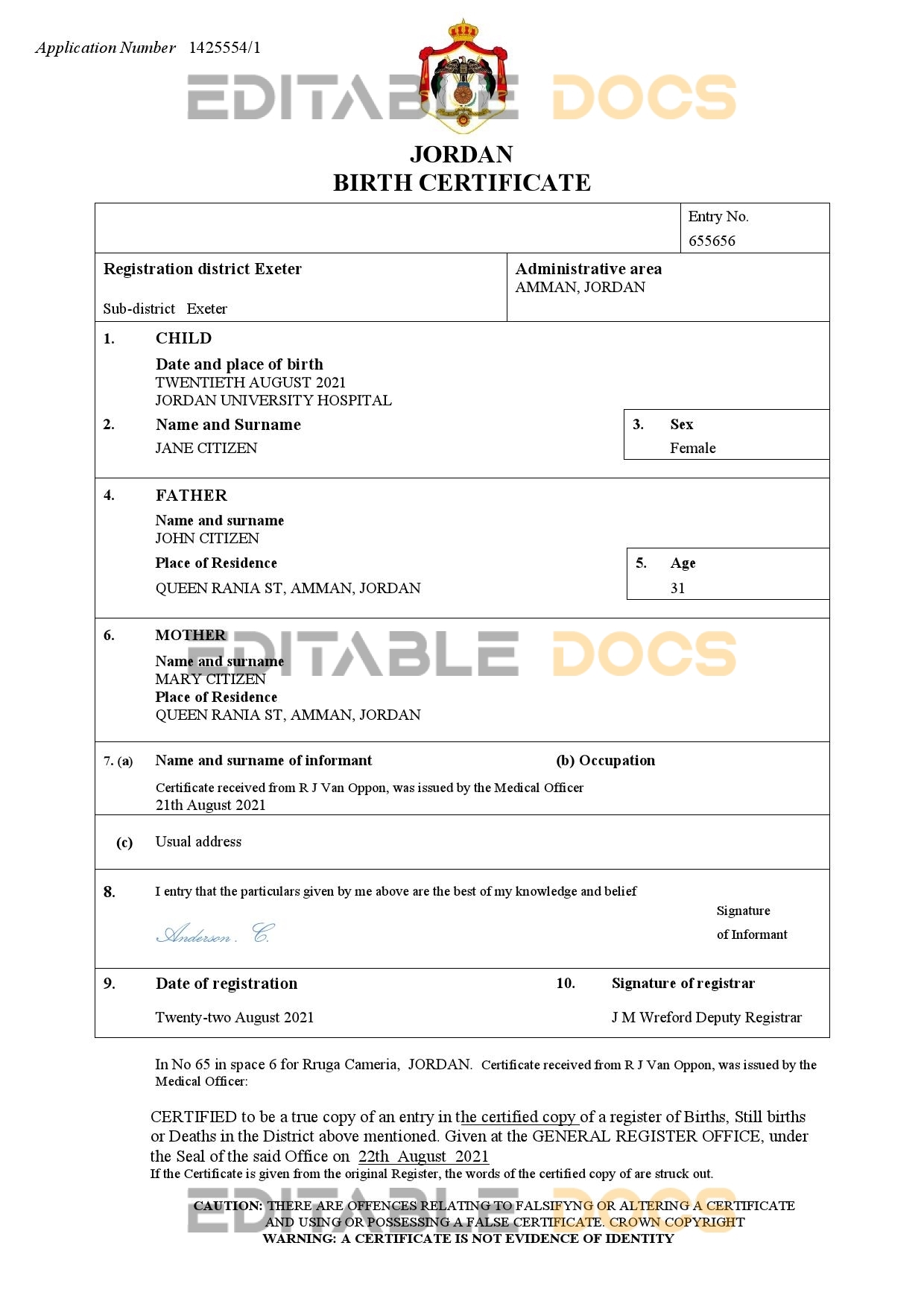 Authentic Jordan Birth Certificate Template | Customize and Download Online