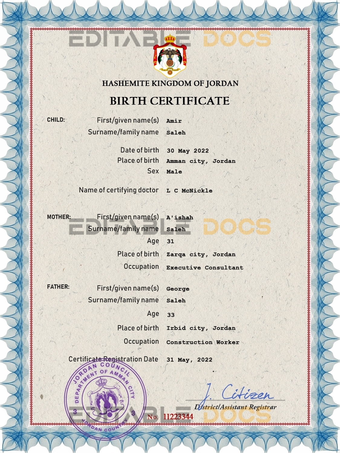 Authentic Jordan Birth Certificate Template | Customize and Download Online