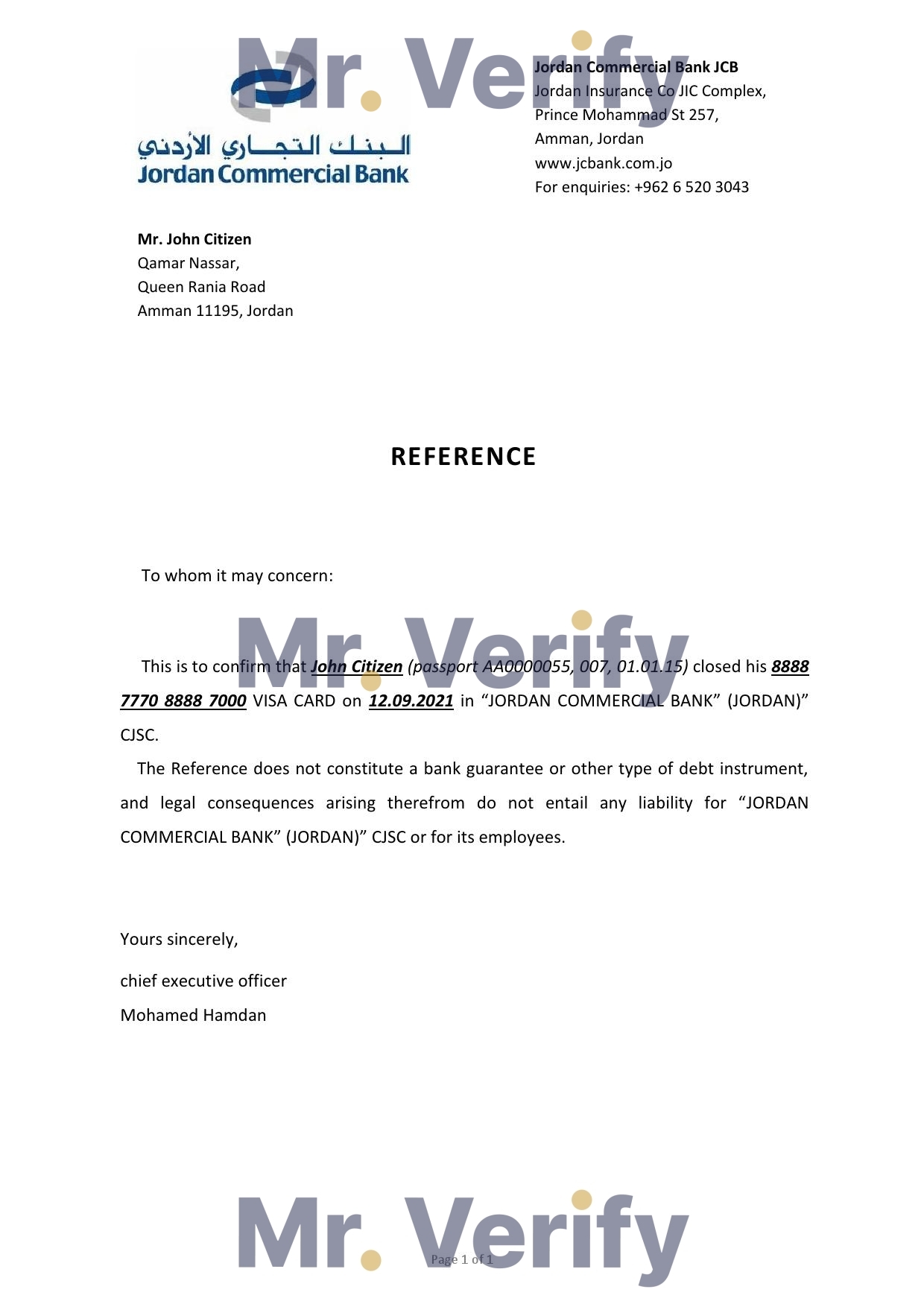 Download Jordan Commercial Bank Reference Letter Templates | Editable Word
