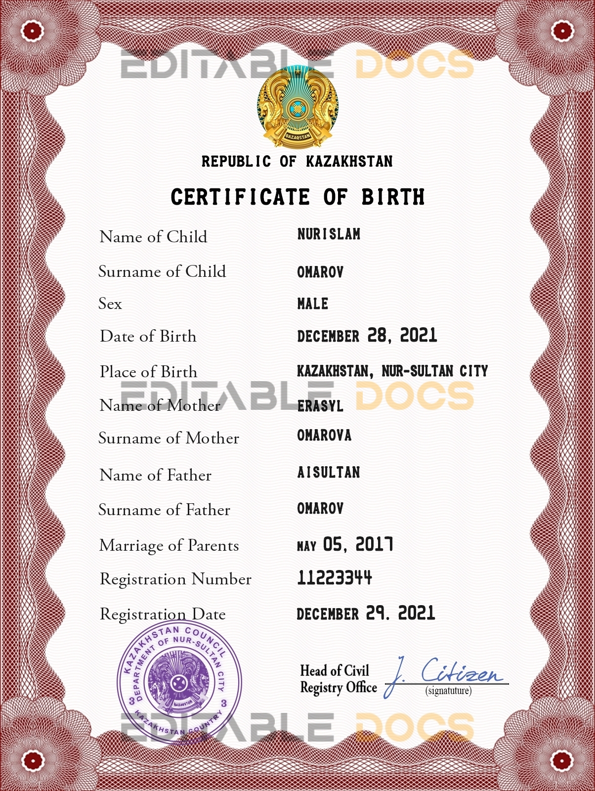 Authentic Kazakhstan Birth Certificate Template | Customize and Download Online