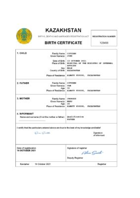Kazakhstan vital record birth certificate Word and PDF template, completely editable