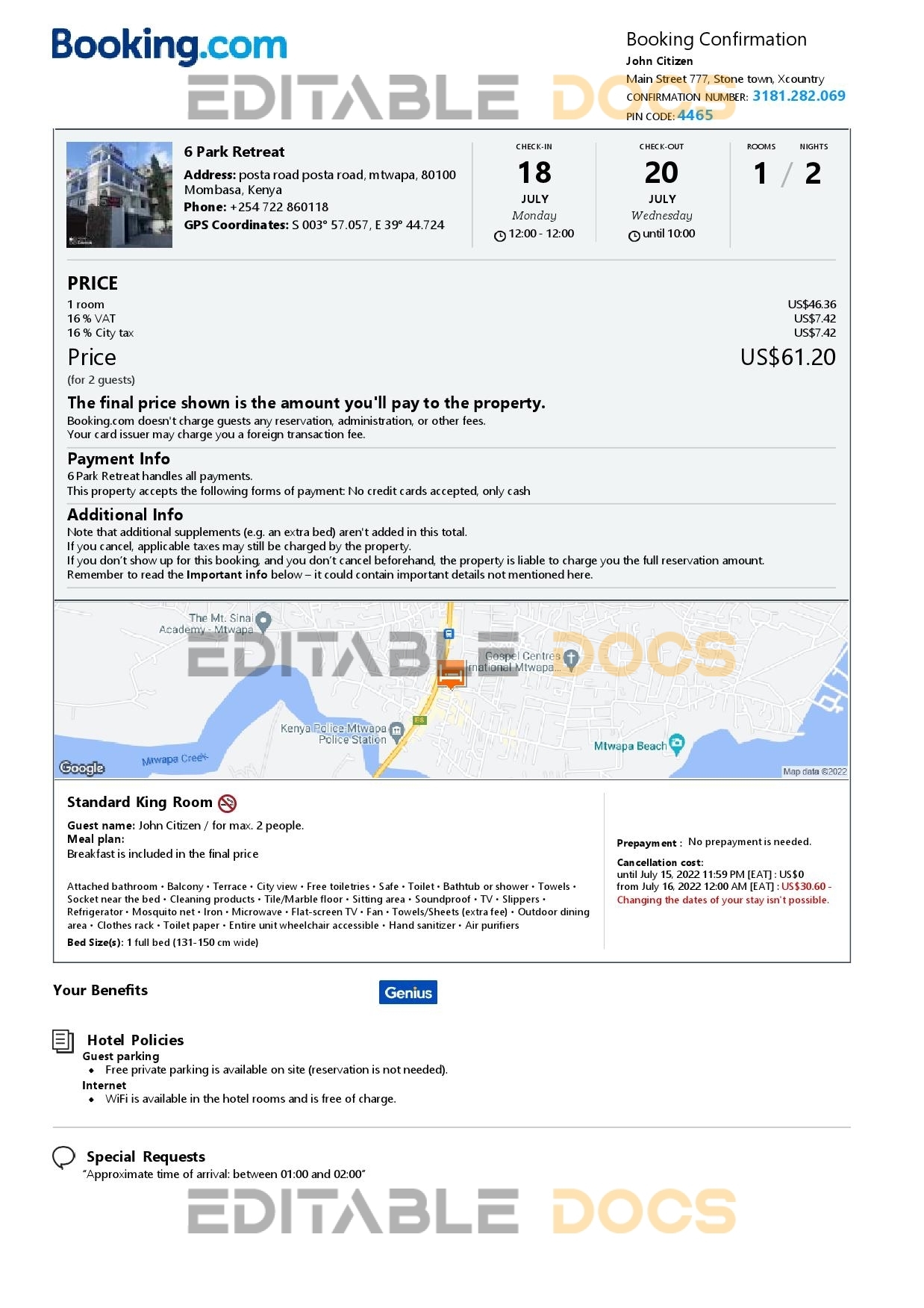 Customizable Kenya Airbnb Reservation Template | Word & PDF Formats