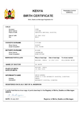 Kenya vital record birth certificate Word and PDF template, completely editable