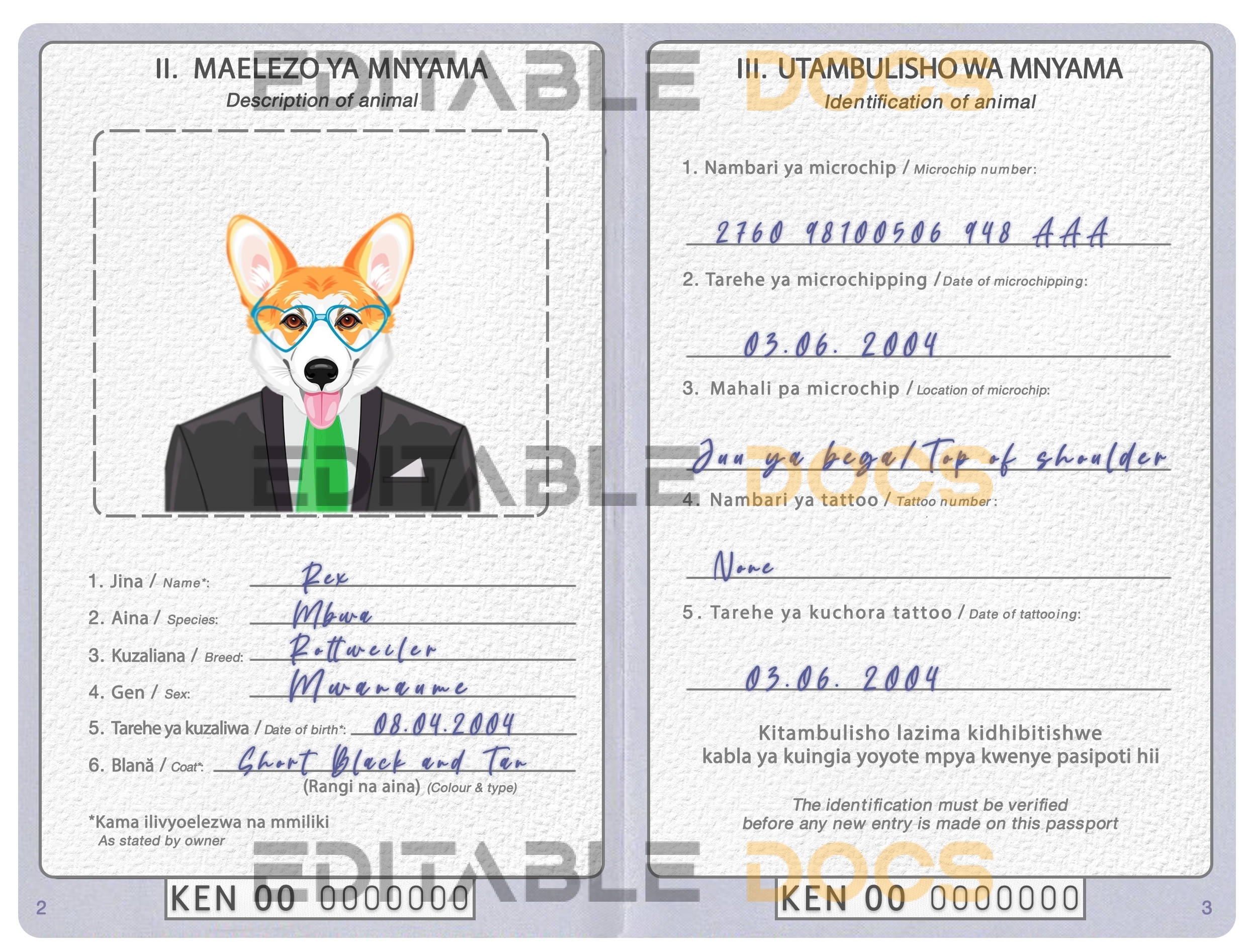 Kenya dog Fake PSD Passport | Instant Download