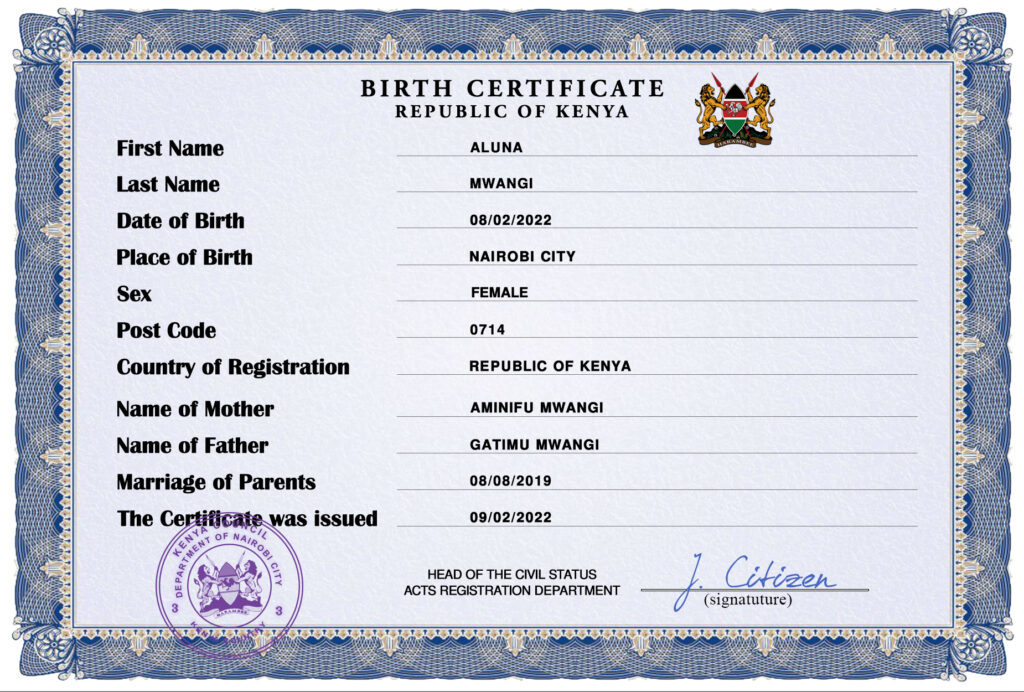 Authentic Kenya Birth Certificate Template | Customize and Download Online