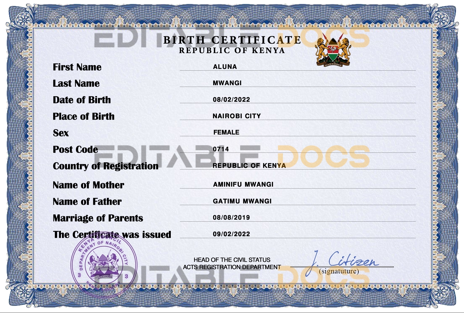 Authentic Kenya Birth Certificate Template | Customize and Download Online