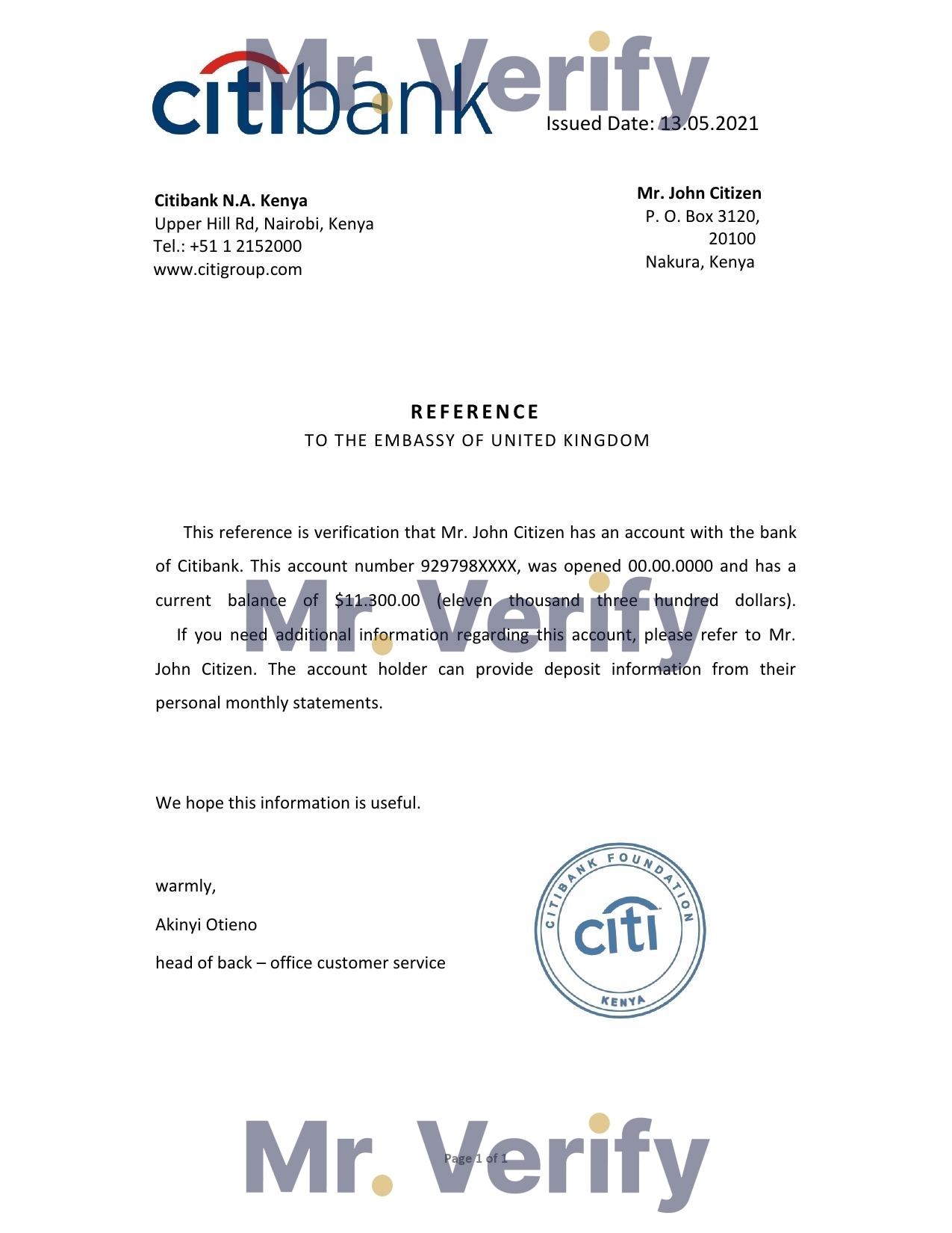 Download Kenya Citibank Bank Reference Letter Templates | Editable Word