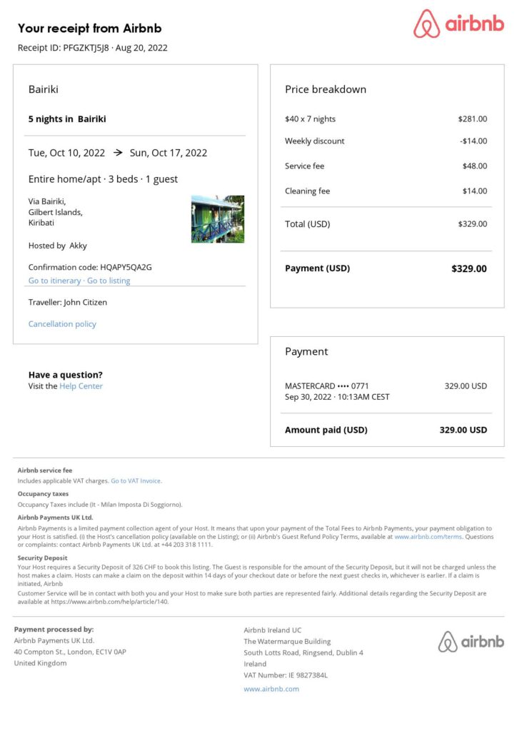 Customizable Kiribati Airbnb Reservation Template | Word & PDF Formats