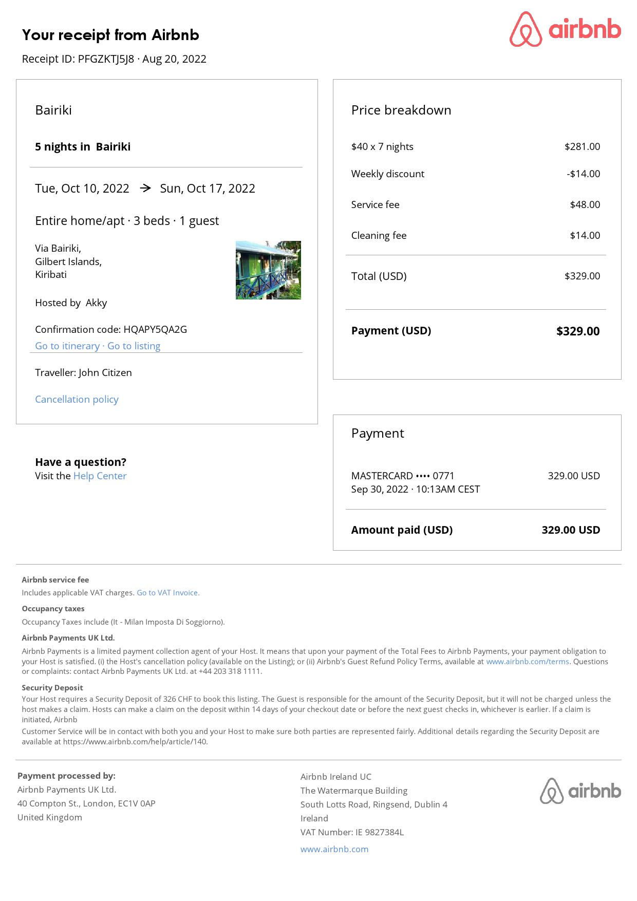 Customizable Kiribati Airbnb Reservation Template | Word & PDF Formats