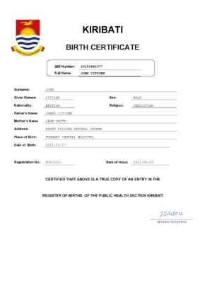 Kiribati birth certificate Word and PDF template, completely editable